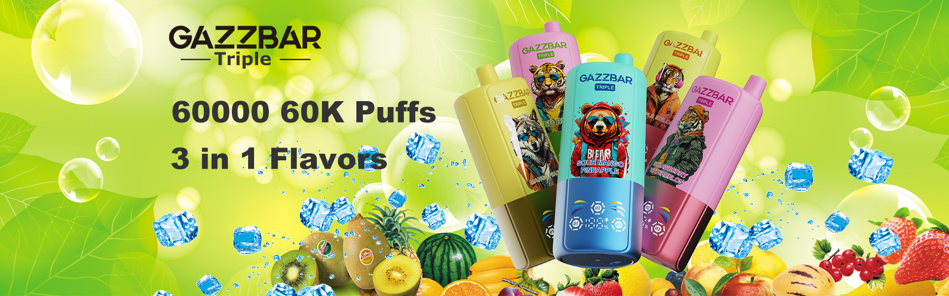 Gazzbar Triple 60K puff 3 flavors in 1 60000 puffs disposable vape with LED smart display vaper pen