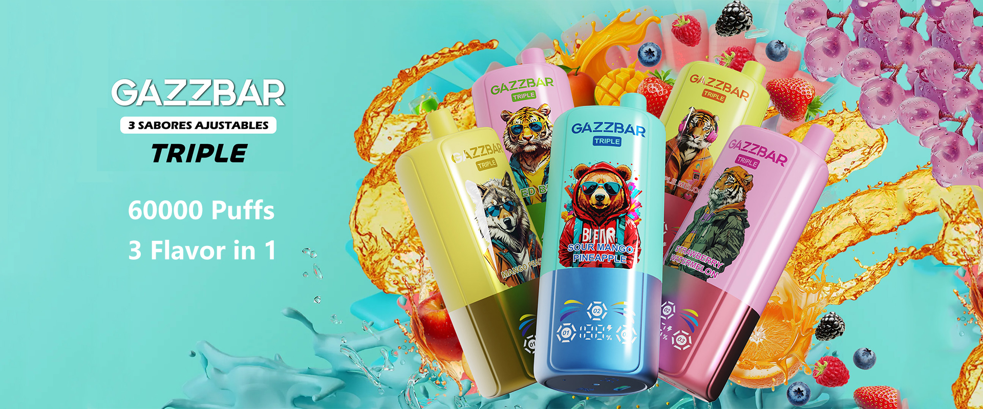 Gazzbar Triple 60K puff 3 flavors in 1 60000 puffs disposable vape with LED smart display vaper pen