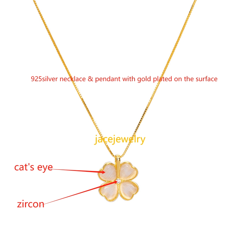 Gold Plated 925 Silver Pendant With A Zircon In The Middle And 4 Cat's Eye Heart-Shape Leafs, Gold Plated Silver Necklace For Women
