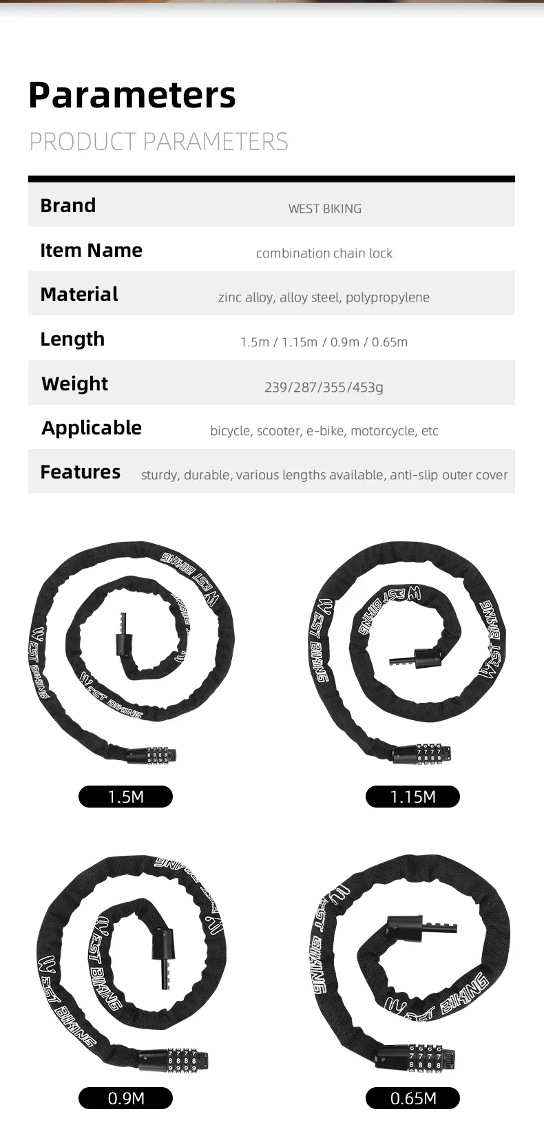 WEST BIKING YP0705089 0.65m Bike Chain Lock 4 Digit Resettable Combination Alloy Bicycle Locks for Bikes, Scooter, Door-Cellmalls
