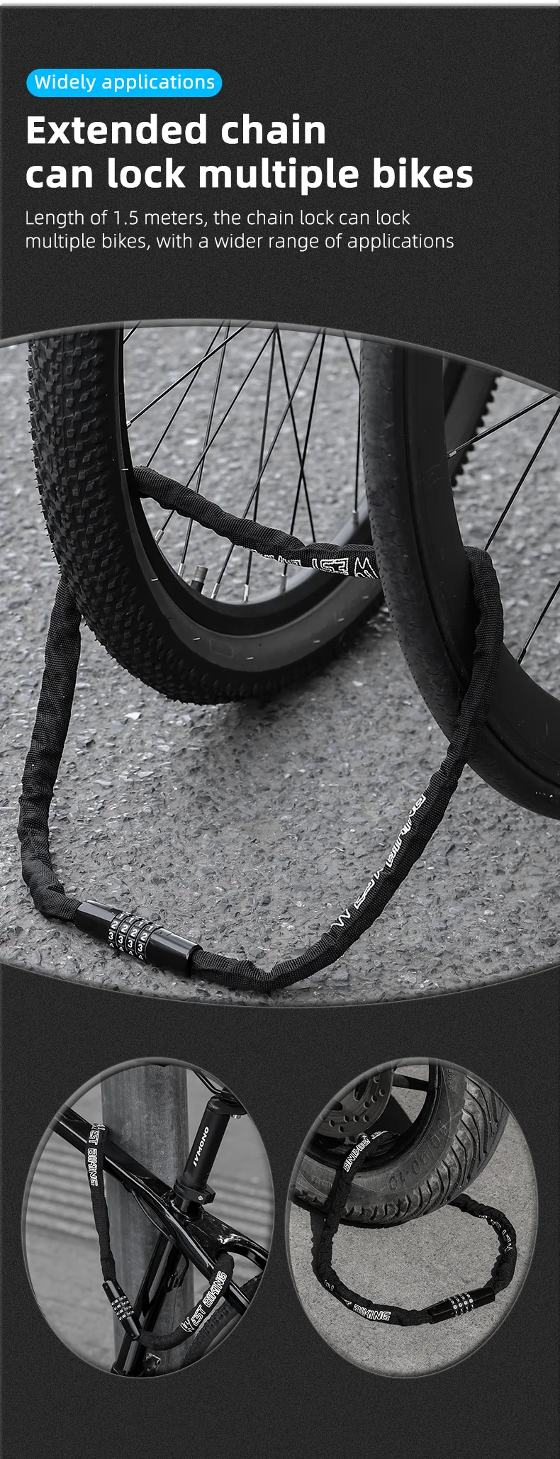 WEST BIKING YP0705089 0.65m Bike Chain Lock 4 Digit Resettable Combination Alloy Bicycle Locks for Bikes, Scooter, Door-Cellmalls
