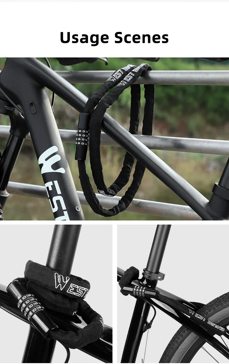 WEST BIKING YP0705089 0.65m Bike Chain Lock 4 Digit Resettable Combination Alloy Bicycle Locks for Bikes, Scooter, Door-Cellmalls