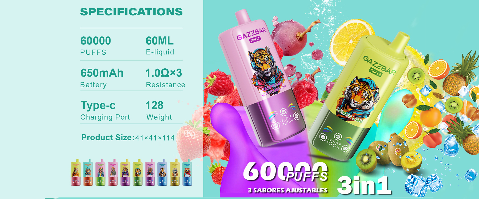 Gazzbar Triple 60000 puffs disposable vape puff 60K 3 in 1 flavors with LED smart display vaper