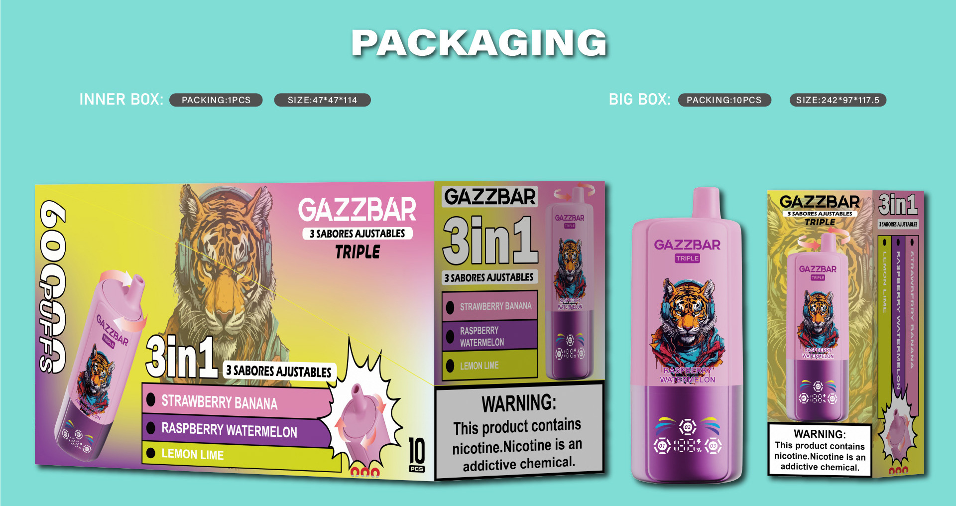 Gazzbar Triple 60000 puffs disposable vape puff 60K 3 in 1 flavors with LED smart display vaper