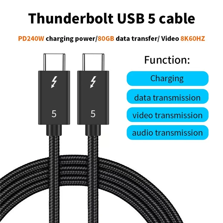2m 80Gbps Ultra-Fast Thunderbolt 5 USB Type-C Cable Supports 8K 60Hz Display PD 240W Charging Power-Cellmalls