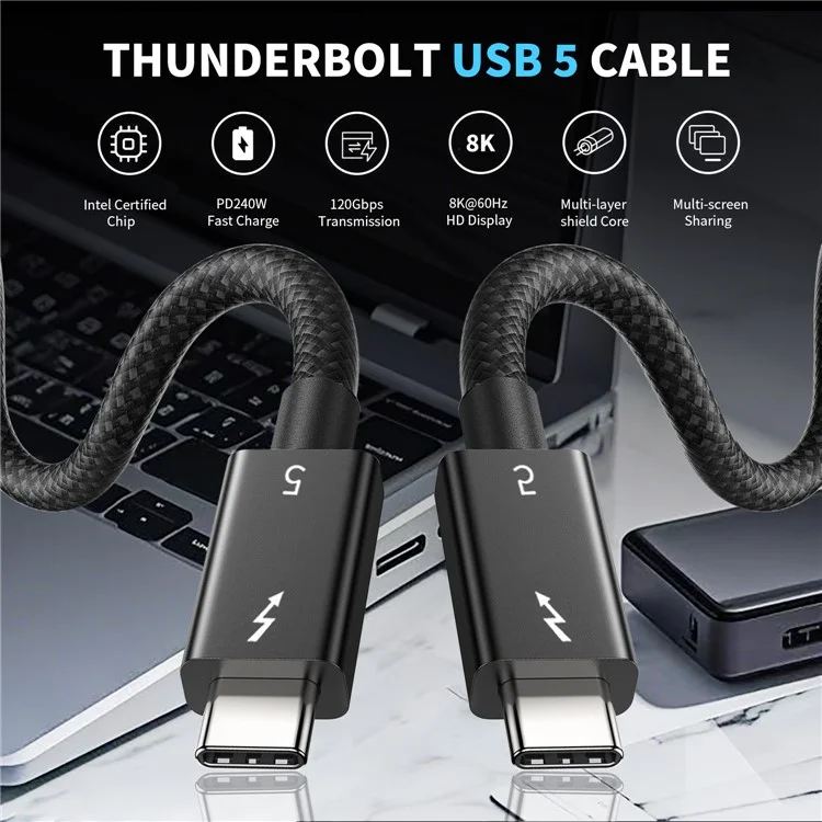 2m 80Gbps Ultra-Fast Thunderbolt 5 USB Type-C Cable Supports 8K 60Hz Display PD 240W Charging Power-Cellmalls