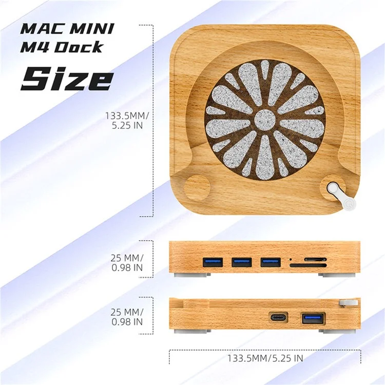 AJM4-FH For Mac Mini M4  /  M4 Pro Wooden Expansion Dock USB 3.0 Hub TF / SD Card Reader Anti-Dust Stand-Cellmalls