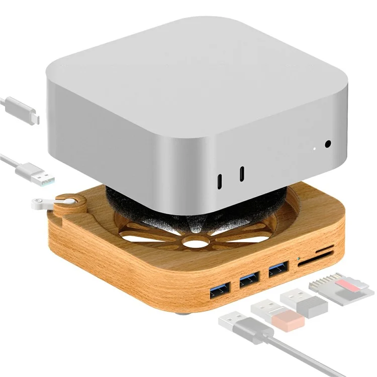 AJM4-FH For Mac Mini M4  /  M4 Pro Wooden Expansion Dock USB 3.0 Hub TF / SD Card Reader Anti-Dust Stand-Cellmalls