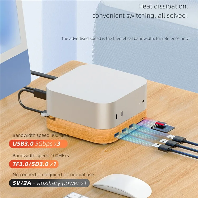 AJM4-FH For Mac Mini M4  /  M4 Pro Wooden Expansion Dock USB 3.0 Hub TF / SD Card Reader Anti-Dust Stand-Cellmalls