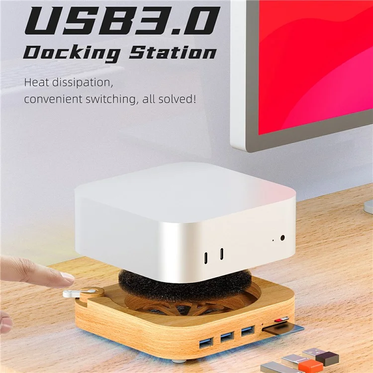 AJM4-FH For Mac Mini M4  /  M4 Pro Wooden Expansion Dock USB 3.0 Hub TF / SD Card Reader Anti-Dust Stand-Cellmalls