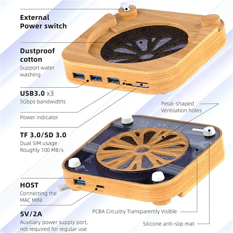 AJM4-FH For Mac Mini M4  /  M4 Pro Wooden Expansion Dock USB 3.0 Hub TF / SD Card Reader Anti-Dust Stand-Cellmalls