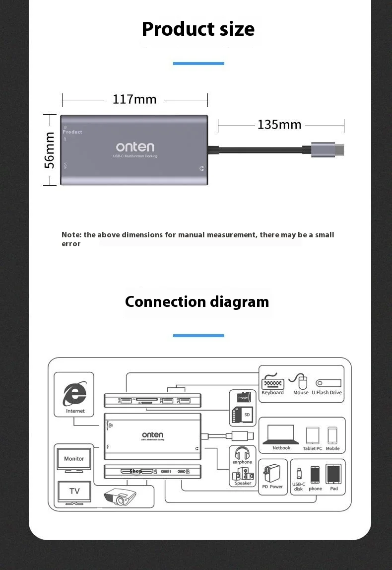 ONTEN UC601 USB 3.0 Hub Docking Station Gigabit Ethernet RJ45  /  Dual HDMI 4K  /  Type-C Multifunction Adapter - Grey-Cellmalls