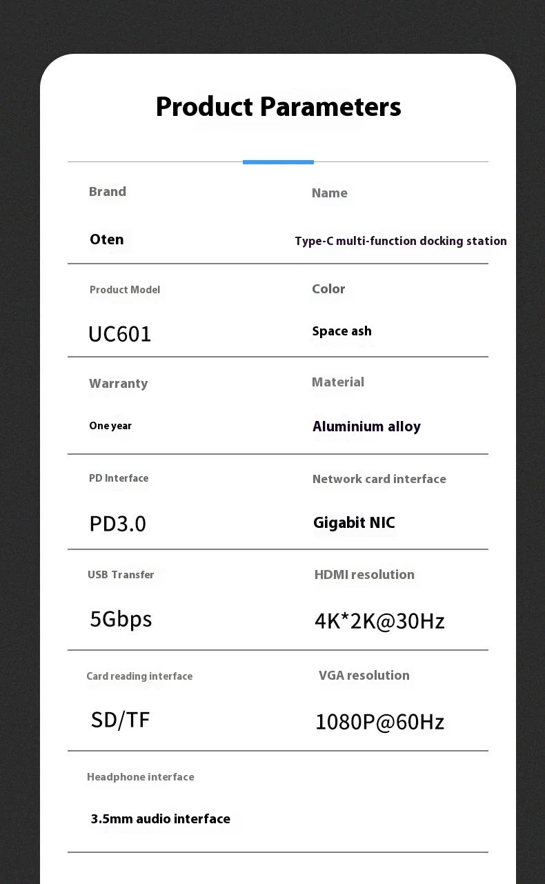 ONTEN UC601 USB 3.0 Hub Docking Station Gigabit Ethernet RJ45  /  Dual HDMI 4K  /  Type-C Multifunction Adapter - Grey-Cellmalls