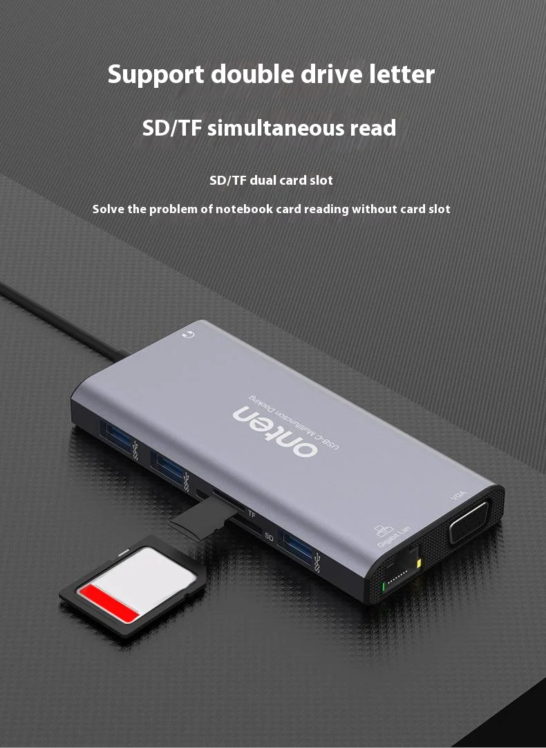 ONTEN UC601 USB 3.0 Hub Docking Station Gigabit Ethernet RJ45  /  Dual HDMI 4K  /  Type-C Multifunction Adapter - Grey-Cellmalls