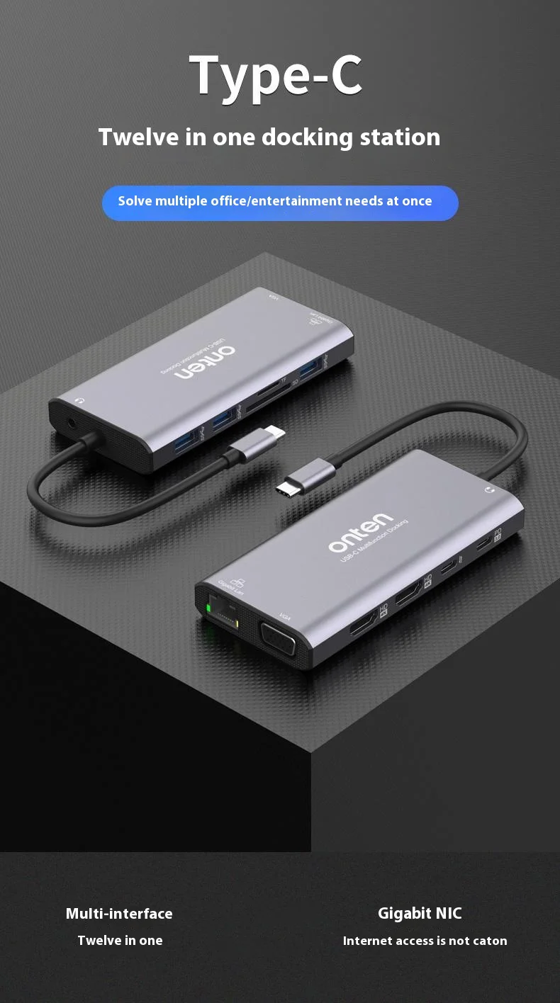 ONTEN UC601 USB 3.0 Hub Docking Station Gigabit Ethernet RJ45  /  Dual HDMI 4K  /  Type-C Multifunction Adapter - Grey-Cellmalls
