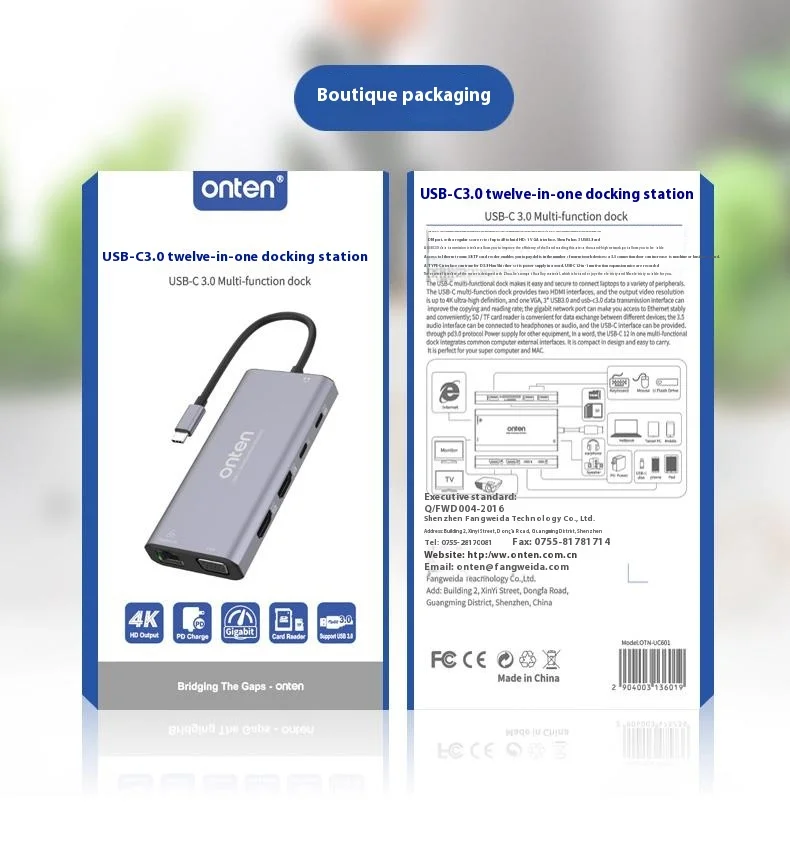 ONTEN UC601 USB 3.0 Hub Docking Station Gigabit Ethernet RJ45  /  Dual HDMI 4K  /  Type-C Multifunction Adapter - Grey-Cellmalls