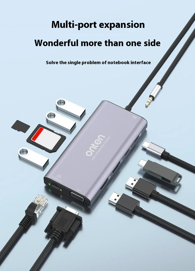 ONTEN UC601 USB 3.0 Hub Docking Station Gigabit Ethernet RJ45  /  Dual HDMI 4K  /  Type-C Multifunction Adapter - Grey-Cellmalls