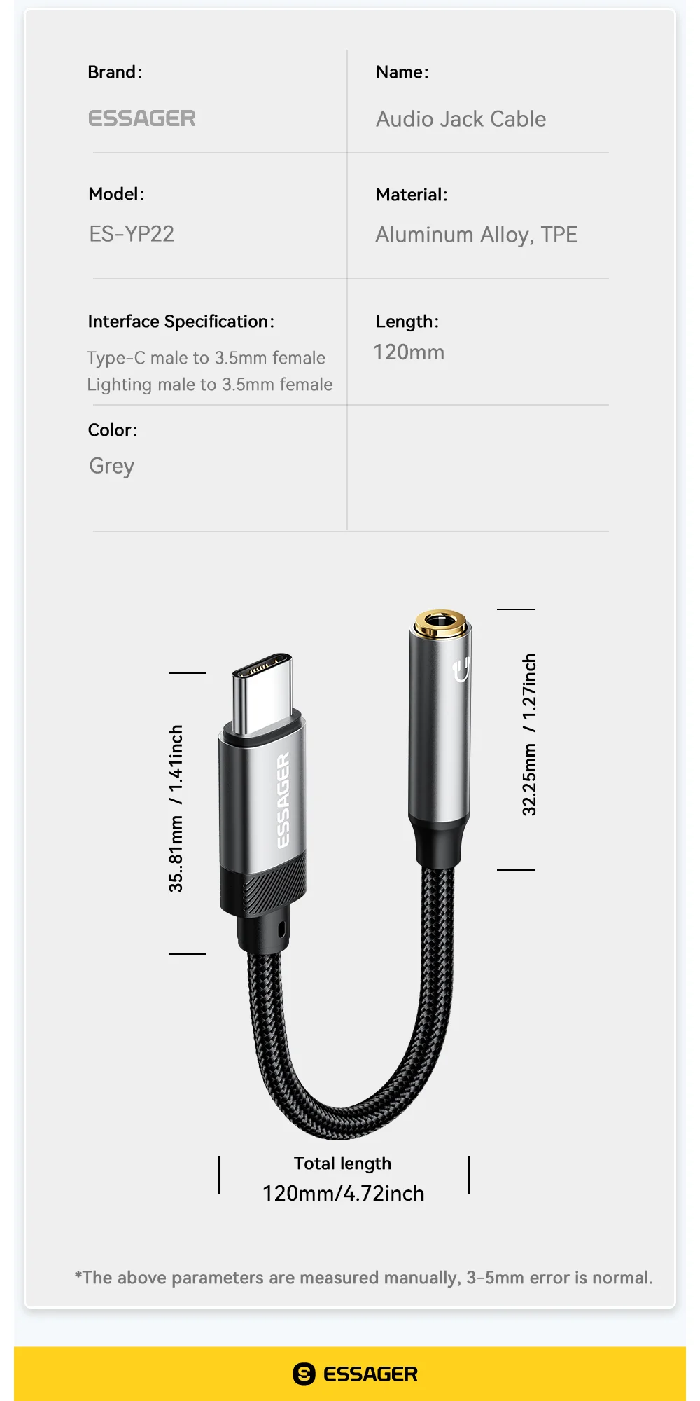 ESSAGER Type-C Male to 3.5mm Female Headphone Connection Audio Adapter Cable-Cellmalls