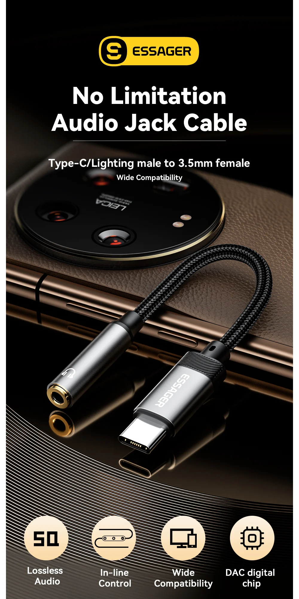 ESSAGER Type-C Male to 3.5mm Female Headphone Connection Audio Adapter Cable-Cellmalls