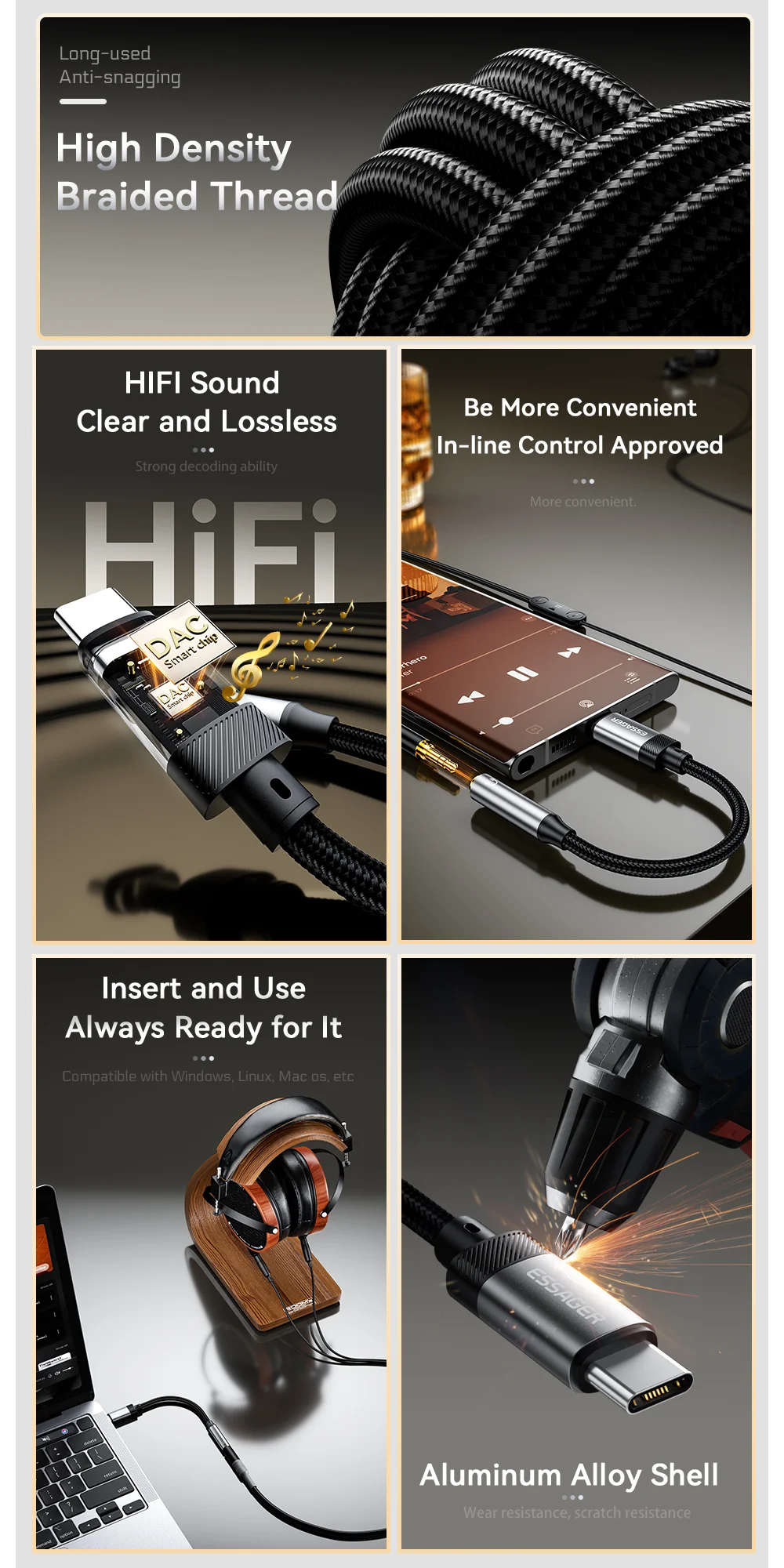 ESSAGER Type-C Male to 3.5mm Female Headphone Connection Audio Adapter Cable-Cellmalls