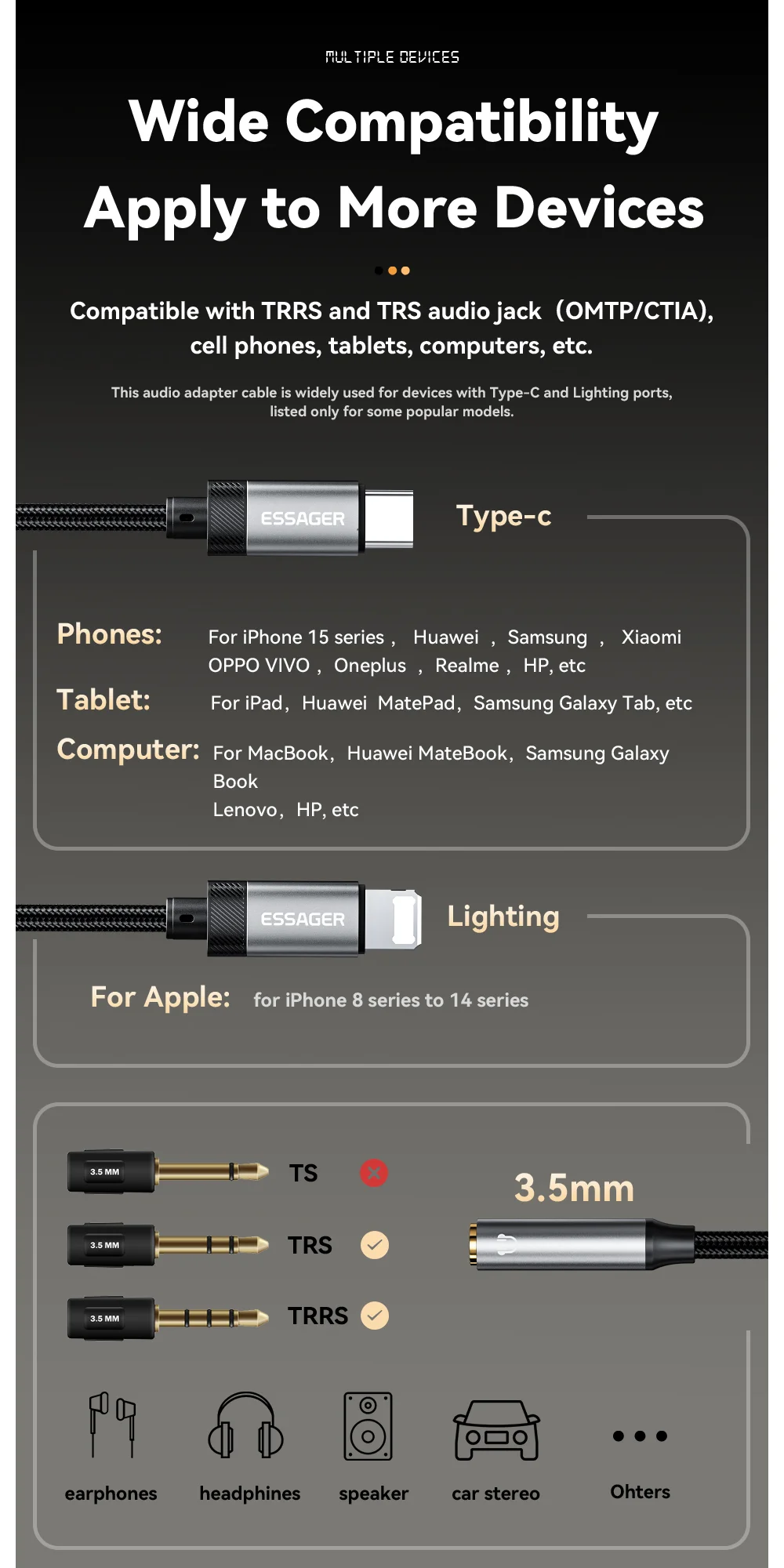 ESSAGER Type-C Male to 3.5mm Female Headphone Connection Audio Adapter Cable-Cellmalls
