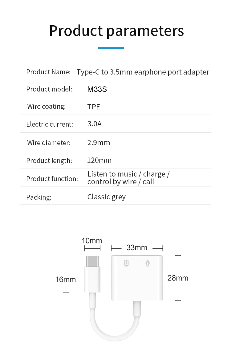 MH-CM33S USB-C to 3.5mm Headphone Audio Adapter Type-C Jack AUX Dongle Converter-Cellmalls