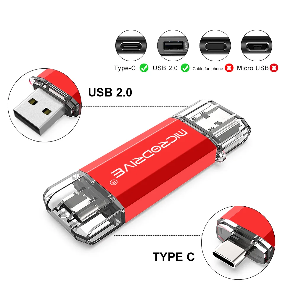MICRODRIVE 64GB 2-in-1 USB 2.0 / Type-C U-Disk Phone Laptop Computer Flash Disk - Red-Cellmalls