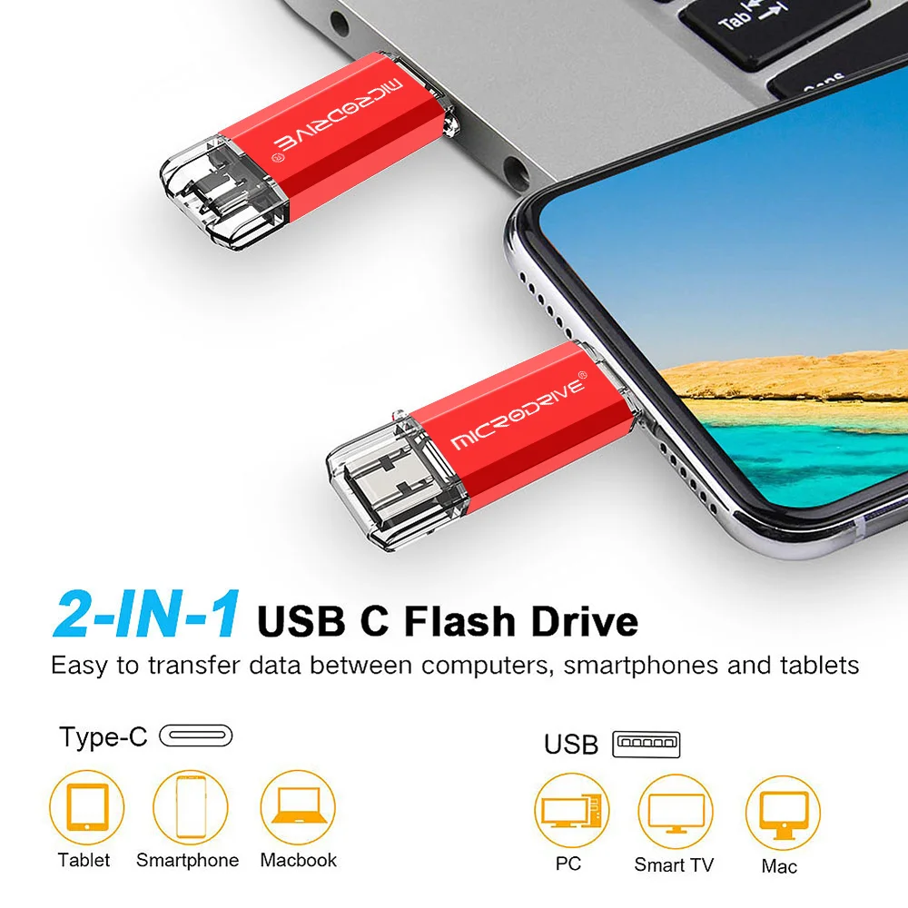 MICRODRIVE 64GB 2-in-1 USB 2.0 / Type-C U-Disk Phone Laptop Computer Flash Disk - Red-Cellmalls