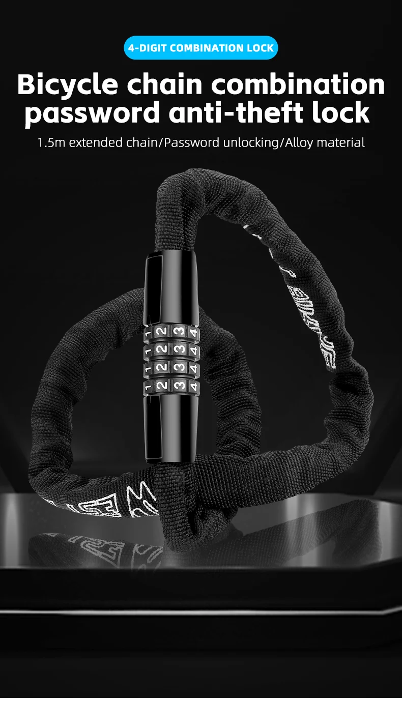 WEST BIKING YP0705089 0.65m Bike Chain Lock 4 Digit Resettable Combination Alloy Bicycle Locks for Bikes, Scooter, Door-Cellmalls