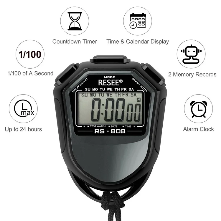 RESEE RS-808 Handheld Stopwatch LCD Screen Timer Swimming Running Sports Chronograph Counter with Lanyard-Cellmalls