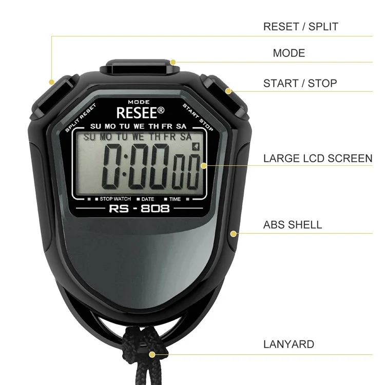 RESEE RS-808 Handheld Stopwatch LCD Screen Timer Swimming Running Sports Chronograph Counter with Lanyard - Yellow-Cellmalls
