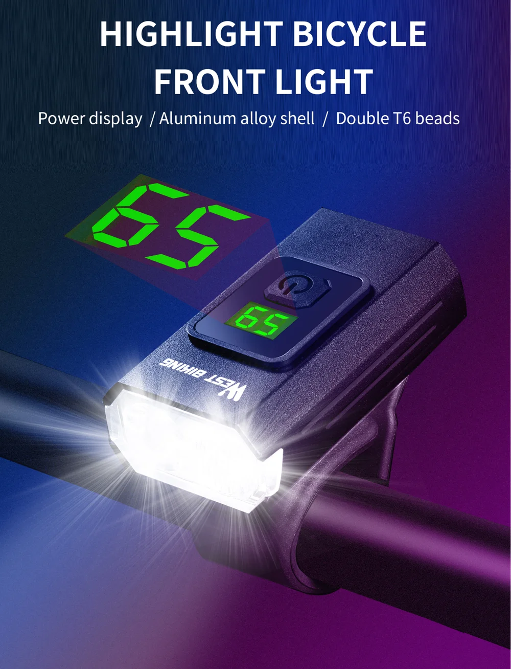 WEST BIKING YP0701384 Night Cycling Bicycle Headlight Digital Display Bike Front Light with Tail Light-Cellmalls