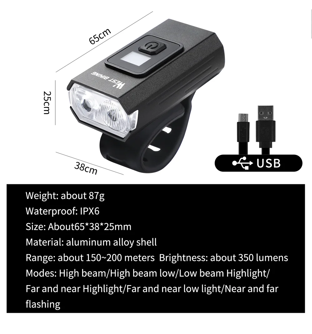 WEST BIKING YP0701384 Night Cycling Bicycle Headlight Digital Display Bike Front Light with Tail Light-Cellmalls