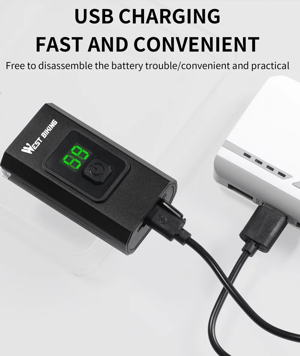 WEST BIKING YP0701384 Night Cycling Bicycle Headlight Digital Display Bike Front Light with Tail Light-Cellmalls