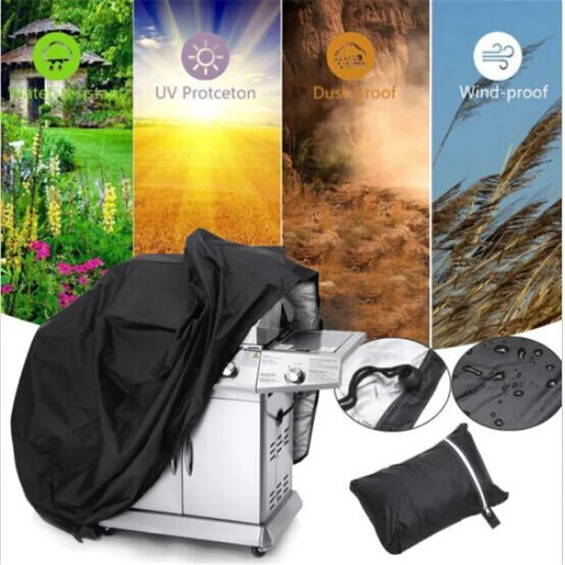 Outdoors BBQ Gas Grill Cover Waterproof 420D Polyester Stove Cover with Adjustable Hem Drawstring - Black / 170x60x117cm-Cellmalls
