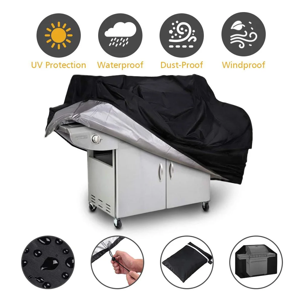 Outdoors BBQ Gas Grill Cover Waterproof 420D Polyester Stove Cover with Adjustable Hem Drawstring - Black / 170x60x117cm-Cellmalls
