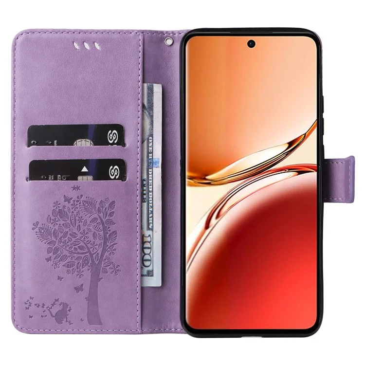 For Oppo Reno12 F 4G Phone Case with Stand Cat Tree Pattern Leather Wallet Mobile Cover - Light Purple-Cellmalls