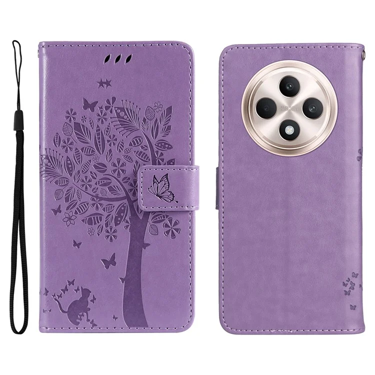 For Oppo Reno12 F 4G Phone Case with Stand Cat Tree Pattern Leather Wallet Mobile Cover - Light Purple-Cellmalls