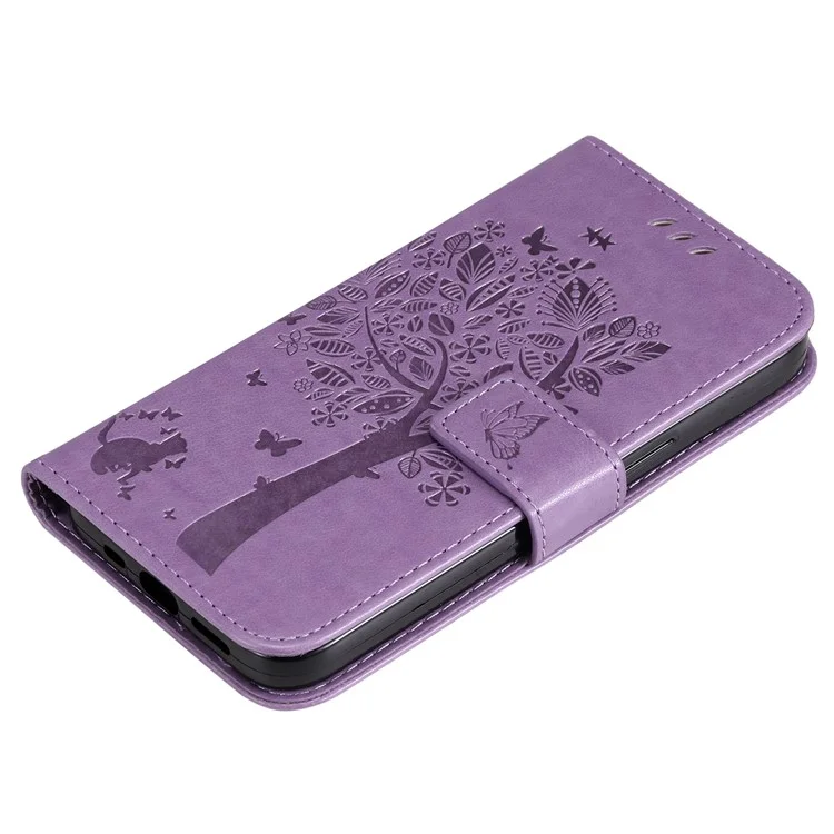 For Oppo Reno12 F 4G Phone Case with Stand Cat Tree Pattern Leather Wallet Mobile Cover - Light Purple-Cellmalls