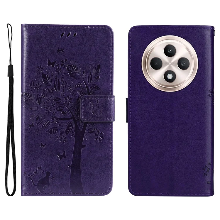 For Oppo Reno12 F 4G Phone Case with Stand Cat Tree Pattern Leather Wallet Mobile Cover - Light Purple-Cellmalls