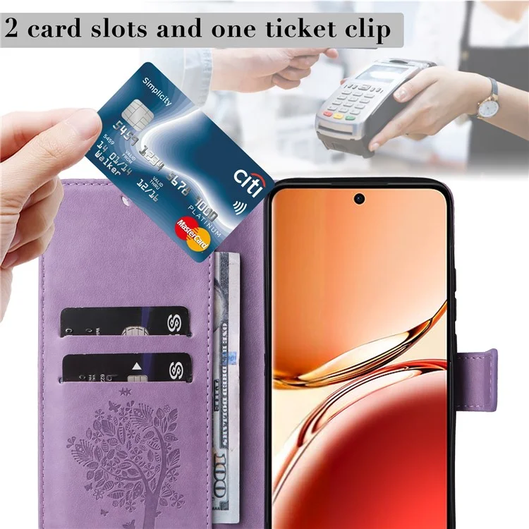 For Oppo Reno12 F 4G Phone Case with Stand Cat Tree Pattern Leather Wallet Mobile Cover - Light Purple-Cellmalls