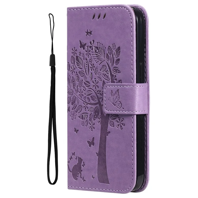 For Oppo Reno12 F 4G Phone Case with Stand Cat Tree Pattern Leather Wallet Mobile Cover - Light Purple-Cellmalls