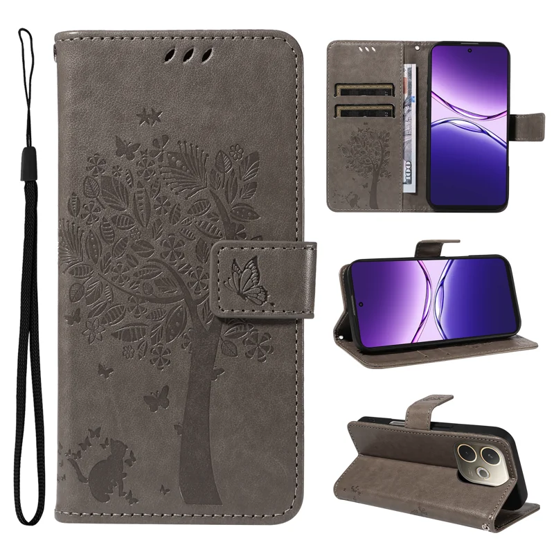 For Oppo A5 Pro 4G (Global) / 5G (Global) / A5 Energy 5G (China) Phone Case Stand Cat Tree Pattern Leather Wallet Mobile Cover - Grey-Cellmalls