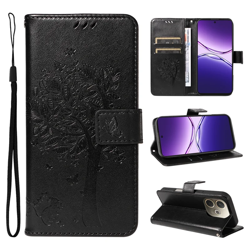 For Oppo A5 Pro 4G (Global) / 5G (Global) / A5 Energy 5G (China) Phone Case Stand Cat Tree Pattern Leather Wallet Mobile Cover - Grey-Cellmalls