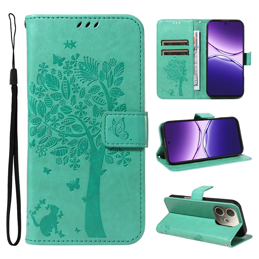 For Oppo A5 Pro 4G (Global) / 5G (Global) / A5 Energy 5G (China) Phone Case Stand Cat Tree Pattern Leather Wallet Mobile Cover - Grey-Cellmalls