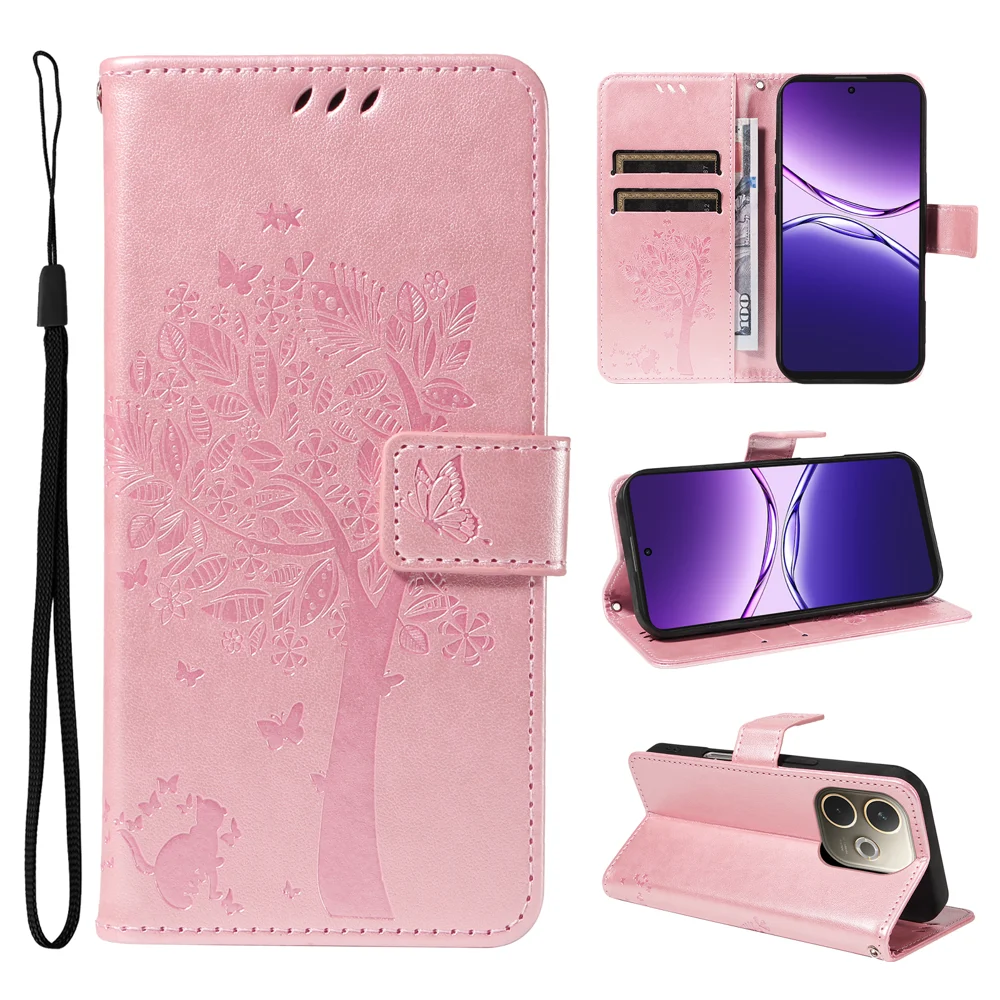 For Oppo A5 Pro 4G (Global) / 5G (Global) / A5 Energy 5G (China) Phone Case Stand Cat Tree Pattern Leather Wallet Mobile Cover - Grey-Cellmalls