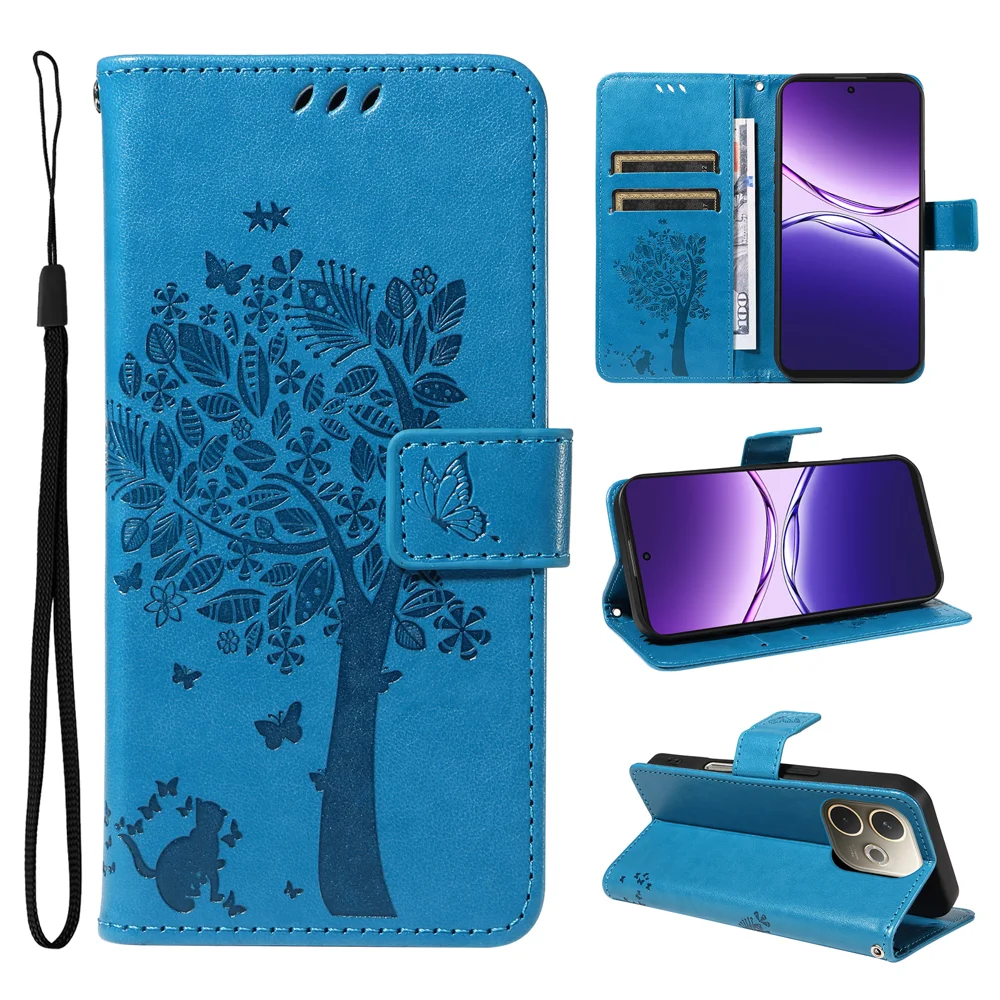 For Oppo A5 Pro 4G (Global) / 5G (Global) / A5 Energy 5G (China) Phone Case Stand Cat Tree Pattern Leather Wallet Mobile Cover - Grey-Cellmalls