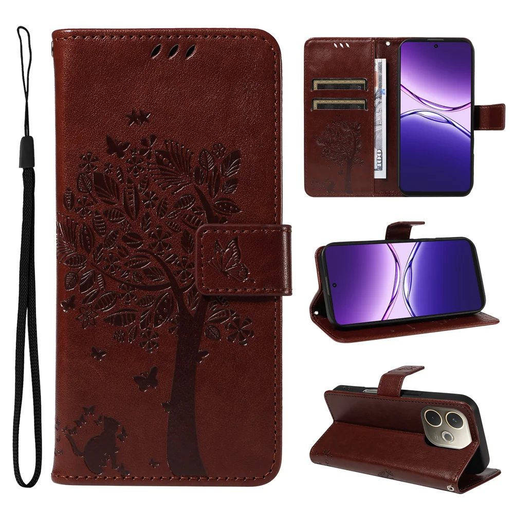 For Oppo A5 Pro 4G (Global) / 5G (Global) / A5 Energy 5G (China) Phone Case Stand Cat Tree Pattern Leather Wallet Mobile Cover - Grey-Cellmalls