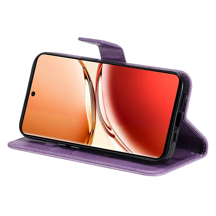 For Oppo Reno12 F 4G Phone Case with Stand Cat Tree Pattern Leather Wallet Mobile Cover - Light Purple-Cellmalls
