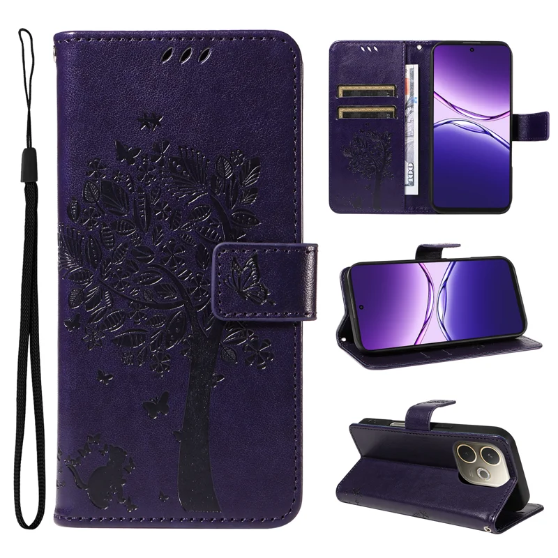 For Oppo A5 Pro 4G (Global) / 5G (Global) / A5 Energy 5G (China) Phone Case Stand Cat Tree Pattern Leather Wallet Mobile Cover - Grey-Cellmalls